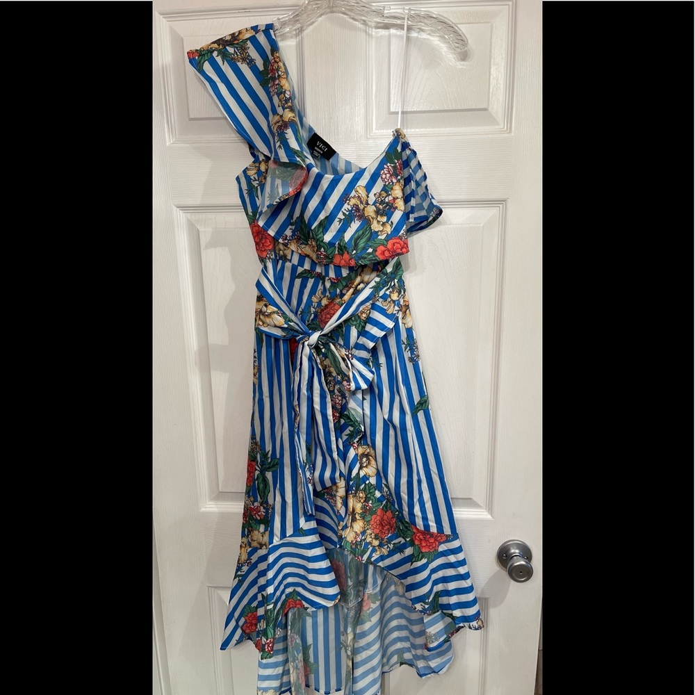 new Vici Striped One Shoulder High Low Dress Medium.Cotton Blend.Never worn.